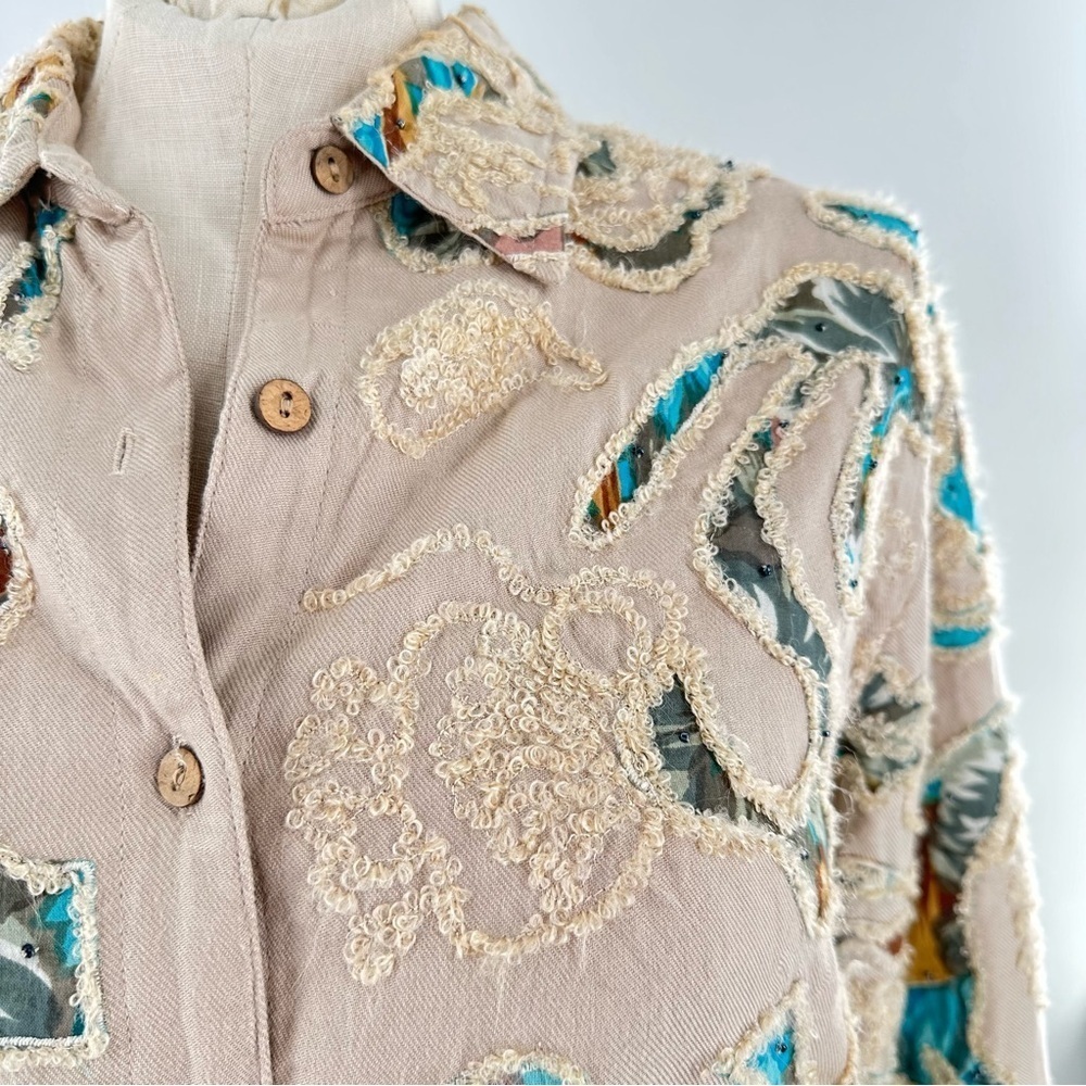 Coldwater Creek blazer size 16 tan blue embroidered floral coastal granny - Picture 2 of 9